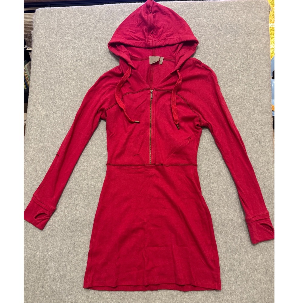 Athleta Womens Pink Red Ribbed Half Zip Hoodie Dress Thumbholes XS Active
